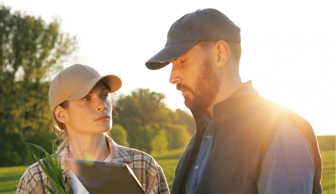 Farmers in a field with an ipad
