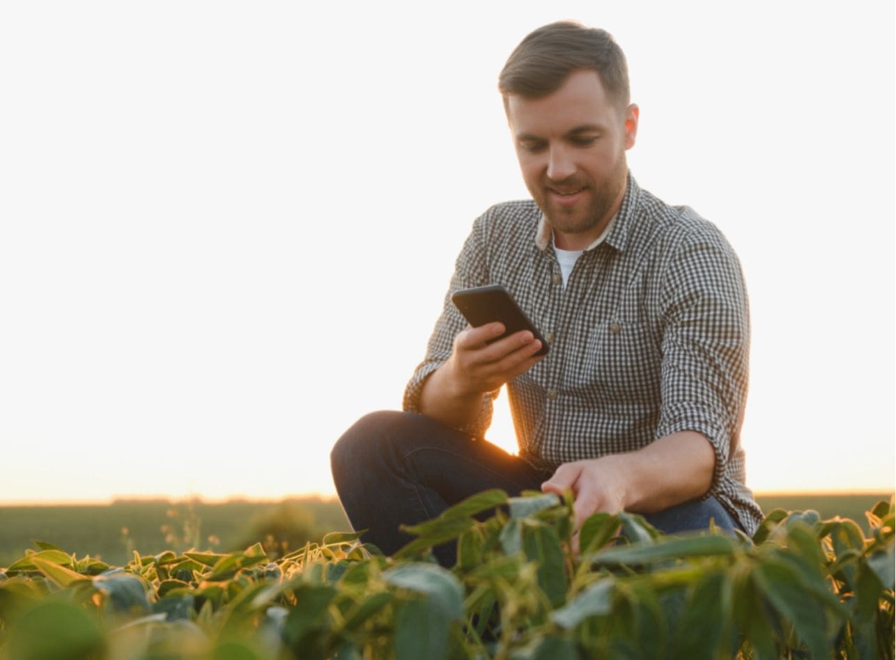 Farmer In The Field Holding A Phone